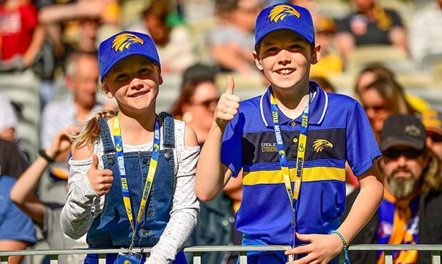 AFL 2018 Round 16 - West Coast v GWS PERTH, AUSTRALIA - JULY 08: Eagles fans show their support during the 2018 AFL round 16 match between the West Coast Eagles and the GWS Giants at Optus Stadium on July 08, 2018 in Perth, Australia. (Photo by Daniel Carson/AFL Media)